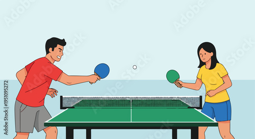 Two people playing table tennis with rackets and a ball in mid-air