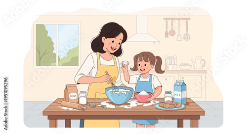 Mother and Daughter Baking Together in the Kitchen Illustration - Happy Family Activity at Home
