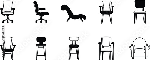 The image shows several black-and-white furniture icons. A chaise lounge, which is a long reclining chair. It indicates a comfortable or leisure-oriented seating arrangement.