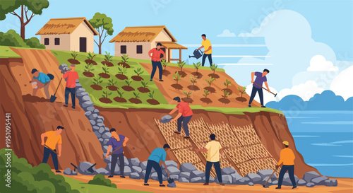 Villagers working on terraces to prevent erosion and plant crops