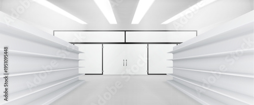 Modern supermarket interior with empty shelves and glass door. Vector realistic illustration of retail shop white racks for product presentation, realistic 3D mockup of commercial store for branding