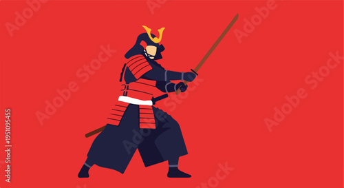 Minimalist warrior in traditional armor with sword poised on red background