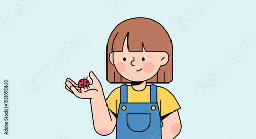 A cartoon child in blue overalls and a yellow shirt gently holds a ladybug