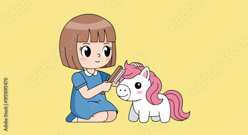 A cute cartoon girl is brushing the pink mane of a white unicorn