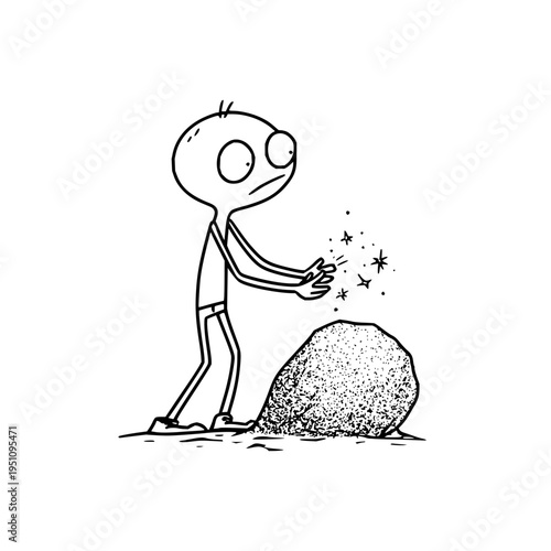 Simple black and white illustration of a stick figure discovering sparkling stars emanating from a textured rock on plain white background