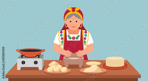 Elderly woman preparing tortillas on a stovetop with fresh ingredients