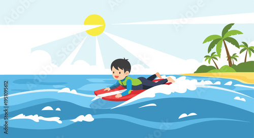 A child enjoys a sunny day surfing on a boogie board near a tropical beach