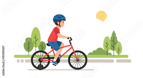 Young boy in helmet rides a bicycle through a park under a sunny sky