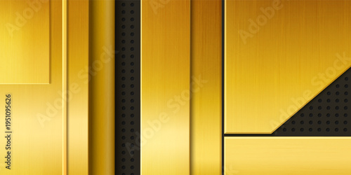 Abstract background with golden metal planks on black. Vector realistic illustration of industrial presentation template with brushed yellow stainless steel texture, perforated iron panel design