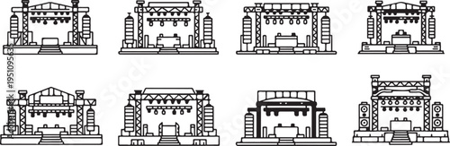 Diverse architectural designs of ancient temples and stages with intricate details. Vector