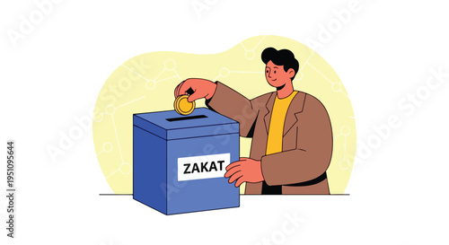 Person depositing a gold coin into a blue donation box labeled "Zakat