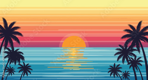 Vector tropical sunset background with palm trees
