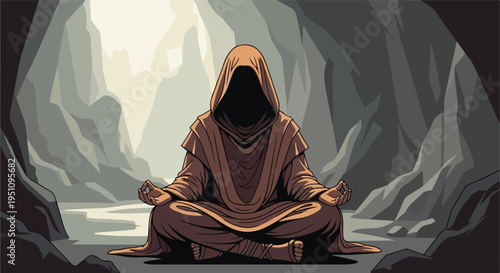A solitary hooded figure in brown robes meditates in a dark, rocky cave