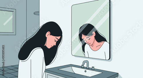 Sad Young Woman Looking at Reflection in Bathroom Mirror Illustration, Mental Health and Depression Concept