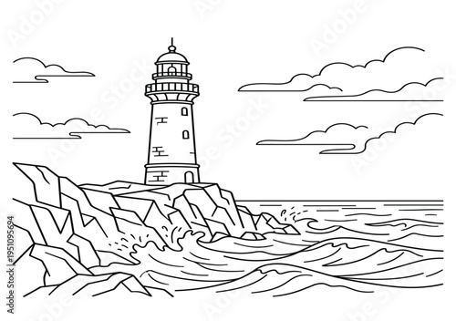 Lighthouse standing tall on rocky shore with crashing waves and cloudy sky