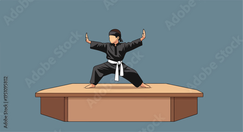 A flat illustration of a person in martial arts attire performing a stance