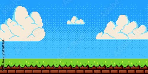 Pixel art sky with fluffy clouds over green grass field. Retro 8-bit game vector cartoon background, bright blue atmosphere and sunny green grass landscape for arcade video adventures,