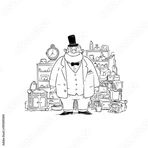 Cartoon illustration of a man in a top hat and tuxedo standing in a cluttered antique shop surrounded by vintage items and collectibles