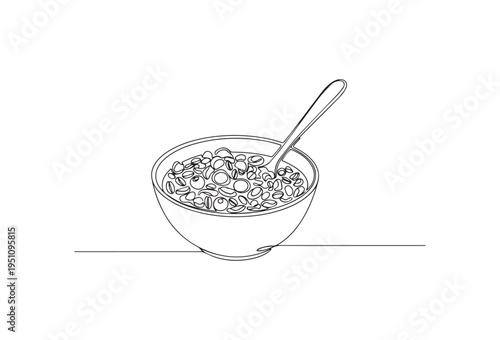 Cereal bowl vector, breakfast food illustration, spoon in bowl, simple line drawing
