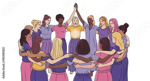 Diverse group of women standing together in a circle showing unity and strength.