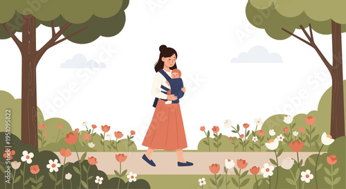 Mother carrying baby in a front carrier walking on a path in a park with trees and flowers, flat vector illustration.