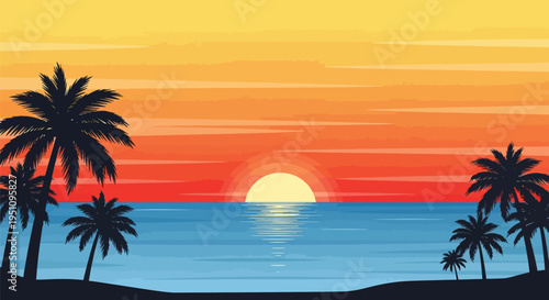 Tropical beach sunset, palm trees, ocean view, vector illustration, summer background