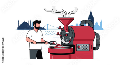 Man operates coffee roasting machine with city skyline in background