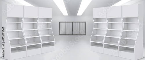 Shopping mall aisle with shelf mockup for branding. Vector realistic illustration of supermarket interior, empty curvy shelves and glass entrance door, retail shop white racks for product presentation