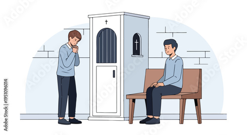 Two men near a confessional booth in a church, one praying