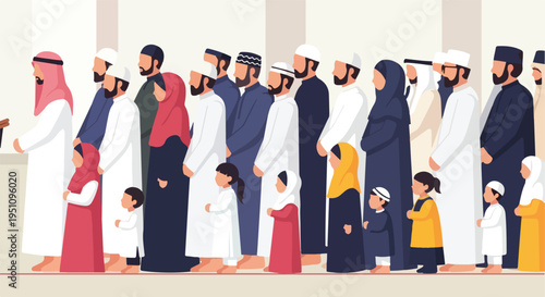 A diverse group of men, women, and children stand in a line, dressed in traditional Islamic attire