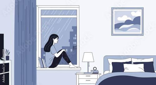 Lonely Woman Sitting on Windowsill Looking at Rain in a Cozy Bedroom Illustration