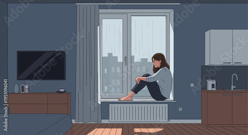 Lonely Young Woman Sitting on Windowsill Looking at Rain Outside City Apartment - Melancholy Mental Health Concept Illustration