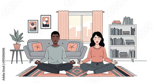 Diverse couple meditating peacefully in a cozy living room next to a bookshelf
