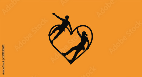 Silhouette of two climbers scaling a heart-shaped structure