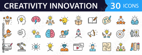Dynamic icon set showcasing the essence of creative ideation, innovation process, and strategic business development with modern line art