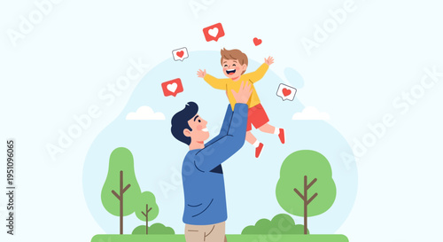 Happy Father Lifting Son in the Air with Social Media Heart Icons Illustration