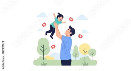 Happy Father Lifting Young Daughter in Air Outdoors with Heart Icons, Parenting and Family Love Vector Illustration