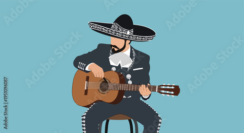 A mariachi musician in traditional attire plays an acoustic guitar against a plain background