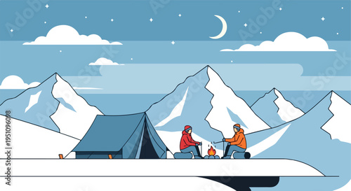 Two people sit by a campfire outside a tent in a snowy mountain landscape
