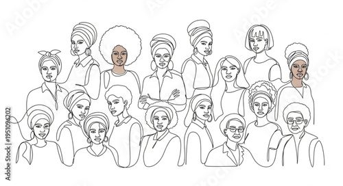 Diverse group of women in artistic line drawing style.