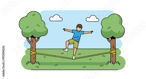 A person balances on a slackline between two trees in a park