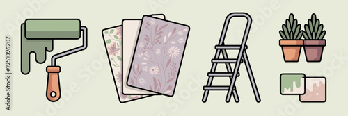 Pastel spring home improvement vector set – Great for DIY project guides, interior styling content, or renovation branding.