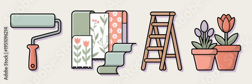 Creative spring home makeover and decor icons – Perfect for craft hobby marketing, interior design services, or lifestyle blogs.