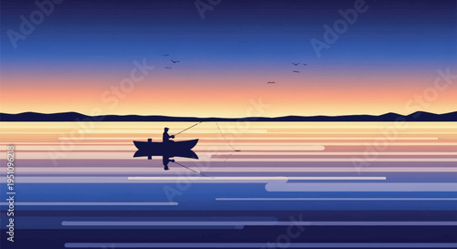Vector illustration of a boat on calm water at sunset