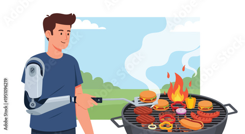 Man with prosthetic arm grills burgers and sausages outdoors on a sunny day