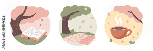 Relaxing spring outdoor reading icon collection – Suitable for self-care marketing, book lover blogs, or quiet hobby graphics.