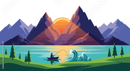 Vector landscape illustration of a serene mountain lake scene with a fishing boat