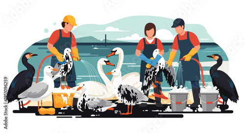 Rescuers clean oil-covered birds and swans by the water