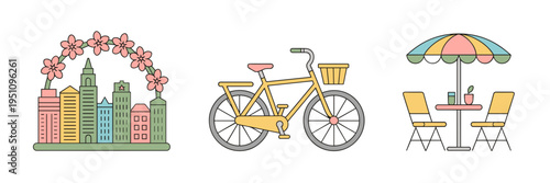 Colorful spring city exploration vector icons – Perfect for tourism marketing, urban lifestyle content, or travel mobile apps.