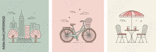 Urban spring travel and bike rental icon set – Great for sightseeing brochures, city trip planning, or travel blog assets.